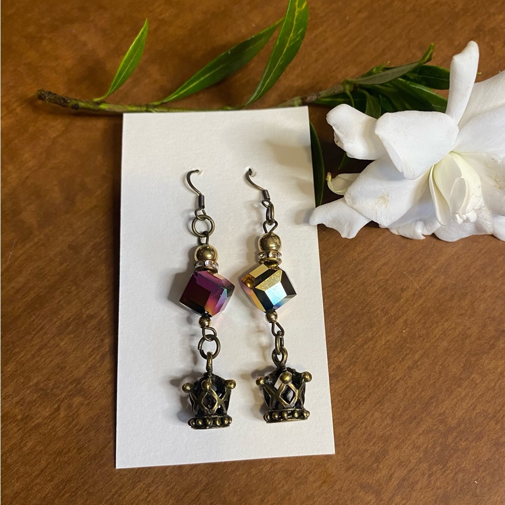 Gold bronze Dangle Earrings with crown Charms